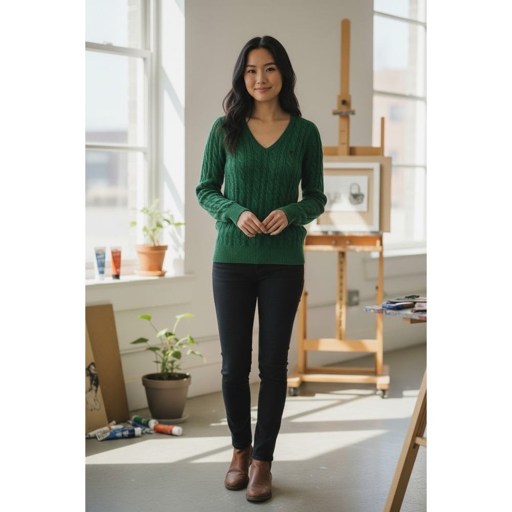 Y2K VTG‎ American Eagle Outfitters Cable Knit Sweater SZ XS Green 100% Cotton